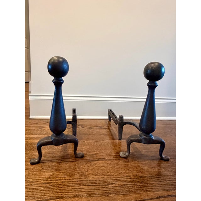 Traditional Vintage Black Cast Iron Cannonball Fireplace Andirons – A Pair For Sale - Image 3 of 8