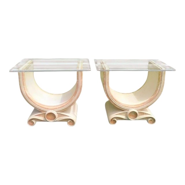 Vintage Molded Pencil Reed Faux Marble Betty Cobonpue U Shaped Mid Century Modern Side Tables - A Pair For Sale