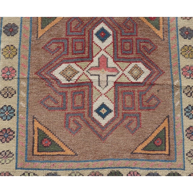 Textile Vintage Turkish Oushak Geometric Cross Medallion's With Floral Border 2'7 X 5'9 For Sale - Image 7 of 10