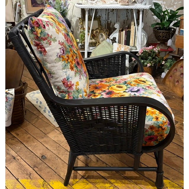 Vintage Rattan Wicker Chair With Floral Cushions For Sale - Image 4 of 6