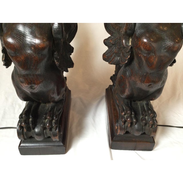 Circa 1880 Pair of Great Hand Carved Wood Winged Caryatids-Griffins Now as Lamps For Sale - Image 9 of 13