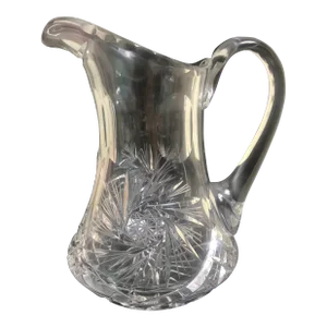 Vintage Crystal Glass Pitcher Decanter Star American Brilliant Period Cut With Thumbprint Handle