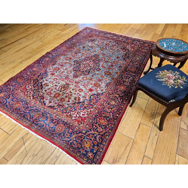 1900 - 1909 Early 20th Century Persian Kashan Rug, Hand-Knotted Wool, Floral Pattern, Turquoise & Red,6x9 For Sale - Image 5 of 18