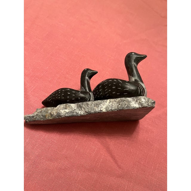2000s, Soapstone Sculpture, Signed, a Pair of Loons Carved by Rick Thomas Inuit Eskimo / Nome
