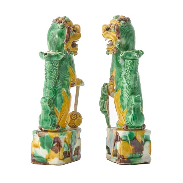 Yellow Sancai Guardians: Pair of Chinese Kangxi Biscuit Porcelain Fu Lions For Sale - Image 8 of 10