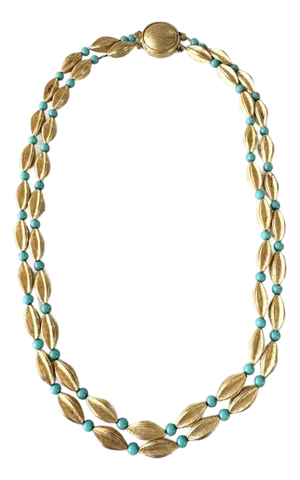 1950s Princess Bride, Gold Tone and Turquoise Colored Beaded Necklace