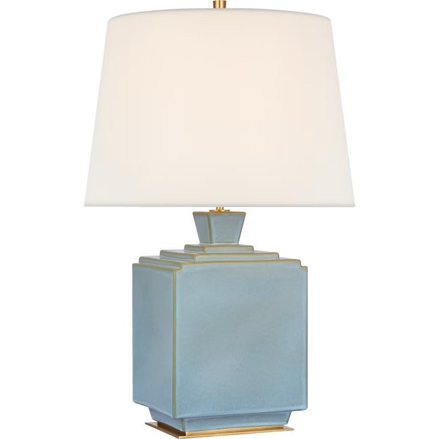 Traditional Thomas O'Brien by Visual Comfort Signature Meurice 27" Table Lamp in Silk Blue with Linen Shade For Sale - Image 3 of 3