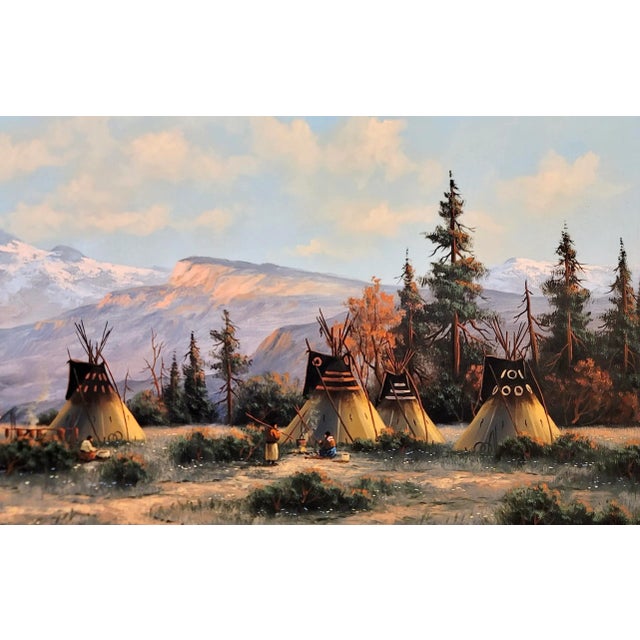 Heinie Hartwig -Indian Camp W/Teepees in the Rocky Mountains-Oil Painting For Sale - Image 4 of 10