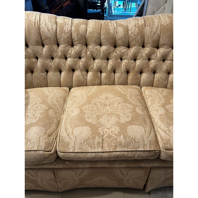 Wood Henredon Schoonbeck Collection Cream Tufted Roll Arm Damask Sofa With Down Filled, Reversible Cushions, Pristine With New Low, Discounted Price! For Sale - Image 7 of 11