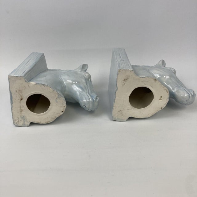 Blue VTG Set 2 Mid Century Ceramic Horse Head Bookends Pale Blue White Glazed 8.5" For Sale - Image 8 of 11