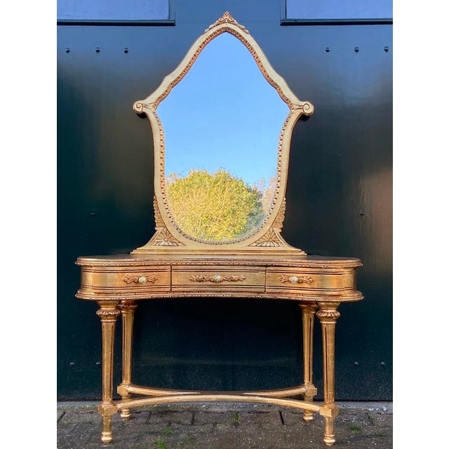 1940s French Louis XVI Gold Beech Vanity & Mirror Set | Hand-Carved Elegance For Sale - Image 12 of 12