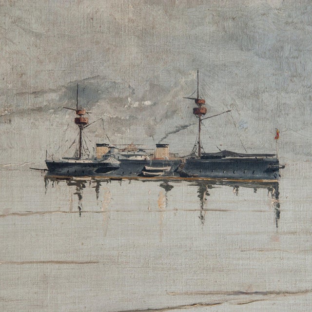 Spanish Pelayo Steam Warship, 1890s-1910s, Oil on Canvas For Sale - Image 3 of 7