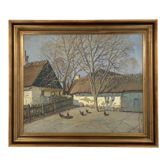 Antique 1923 Frederik Engelfelt Danish Oil Painting March Day Funen Village For Sale
