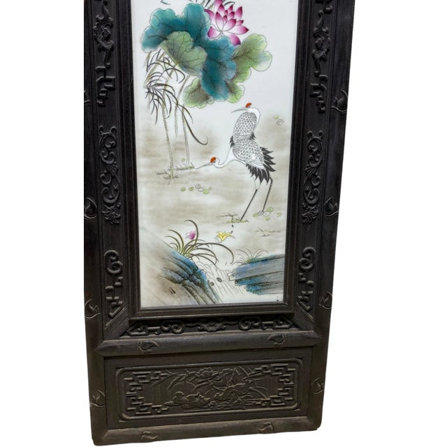 Wood Chinoiserie Hand Painted Famille Rose Porcelain Panel 49.25" H For Sale - Image 7 of 13