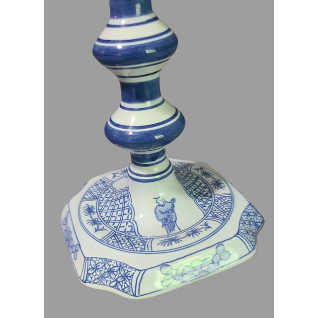 Vintage Pair of Delft Royal Goedewoagen Blue & White Candlesticks Holland For Sale - Image 6 of 9