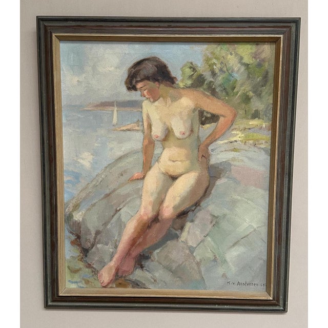 Mid-Century Modern Karl Vilhelm Anstensen, Coastal Scene with Sunbathing Nude Woman, 1957, Oil Painting on Canvas, Framed For Sale - Image 3 of 17