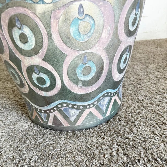 1980s Postmodern Hand Painted and Carved Large Floor Vase For Sale - Image 5 of 7