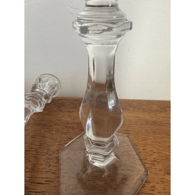 Glass Vintage Pair Clear Glass Crystal Candlesticks 7.5" Hexagon Base Taper Holders For Sale - Image 7 of 11