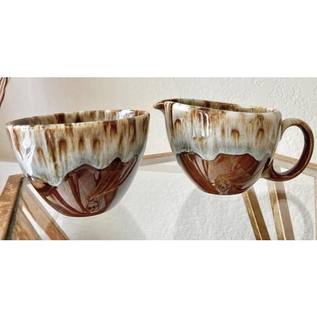 Excellent Pristine Pre-Owned Condition. This fabulous looking ironstone drip glaze creamer and wide mouth open sugar bowl...