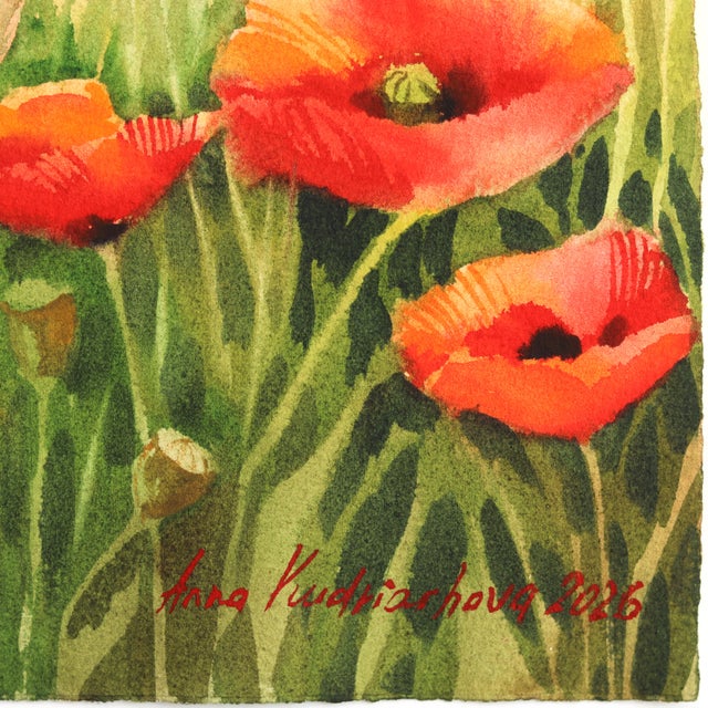 Poppies 2 - Original Botanical Floral Watercolor Painting on Paper For Sale In Los Angeles - Image 6 of 6