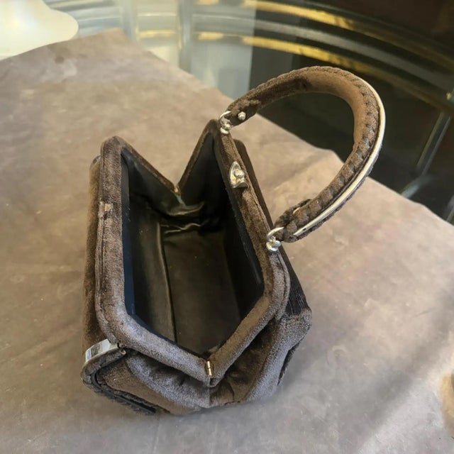 1970s 1970s High Quality Brown Cut Velvet and Silver Plated Metal Italian Evening Bag For Sale - Image 5 of 13