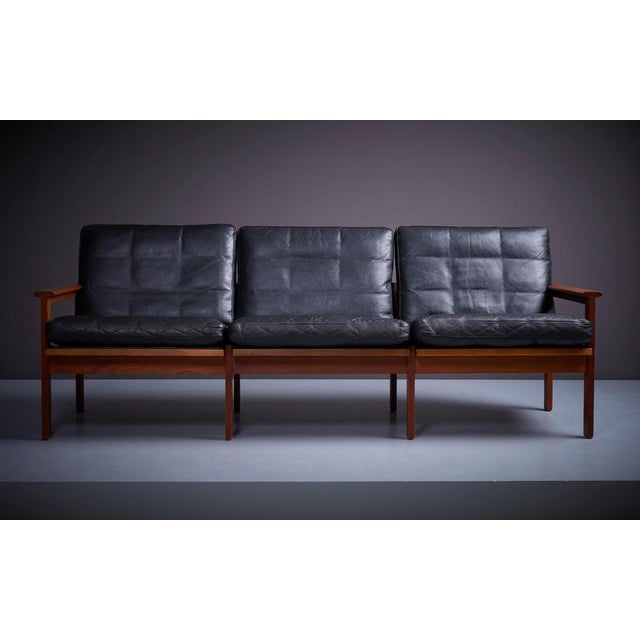 Wood Black Leather Sofas & Side Table from Illum Wikkelso Capella, Denmark, 1960s, Set of 3 For Sale - Image 7 of 17