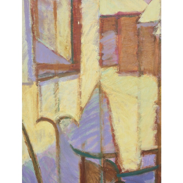 This expressive abstract painting in a yellow and blue pallet would make a bold statement in any room. Pamela Rubin b....