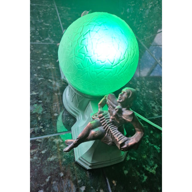 1930s Art Deco Figural Musician Boudoir Lamp With Green Crackle Glass Globe (Jg) For Sale - Image 4 of 10