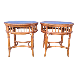 Vintage Ethan Allen Large Chinese Chippendale Round Glass Wicker Top Side Tables- a Pair