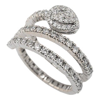 18k White Gold 1.07ct Diamond Spiral Wrap Pear Halo Flexible Band Ring, Size 7.5 For Sale
