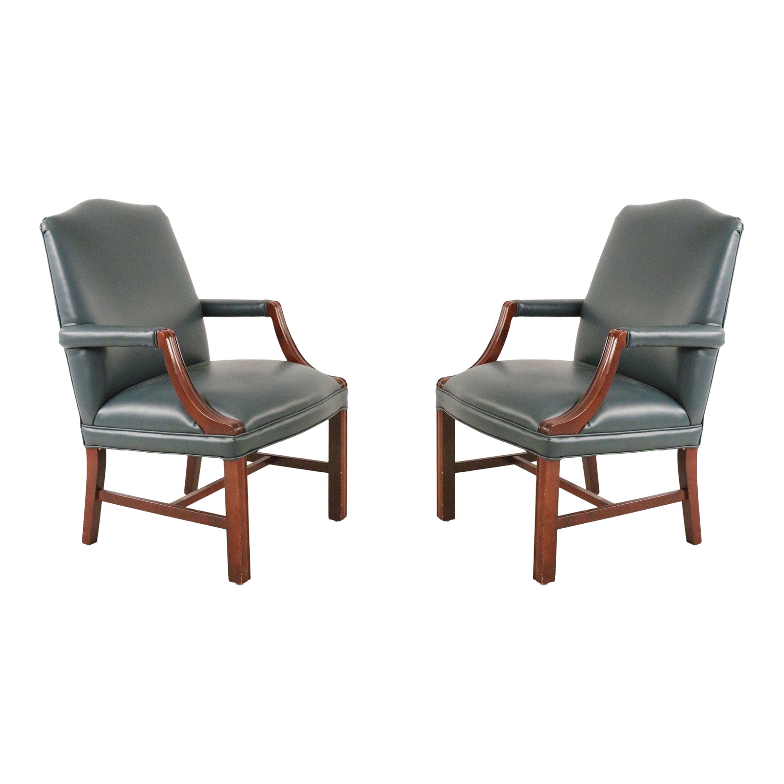 MidCentury Style Blue Faux Leather and Wood Office Armchairs A Pair