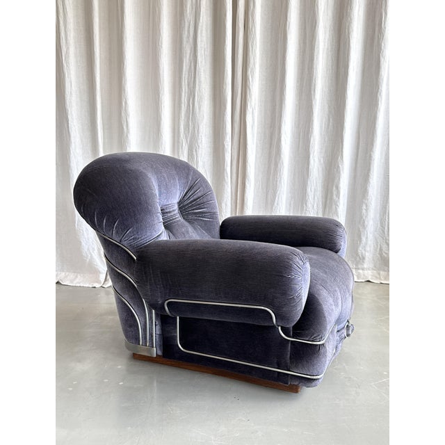 Stunning, one-of-a-kind Italian space age chrome caged velvet armchair attributed to Adriano Piazessi, 1960s. An...