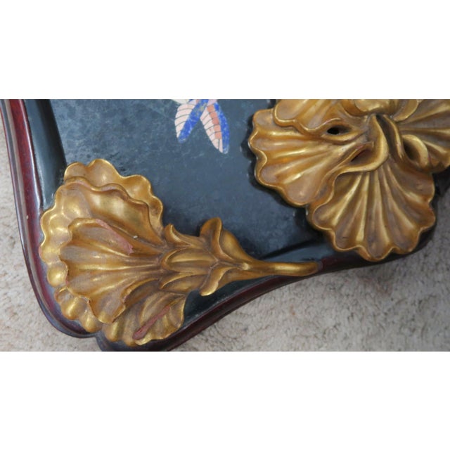 Wood Exquisite Pietra Dura (Pietra Dure) Rendition of Flowers, Birds, Butterflies, Framed With Lovely Shaped Wood Frame With Molded Flowers, by N. Luedtke For Sale - Image 7 of 15