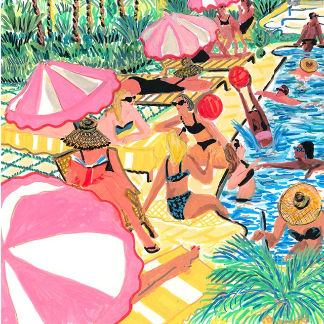 Poolside Vacation With Pink Parasols Original Figurative Watercolor by Pauline De Roussy De Sales For Sale - Image 4 of 6