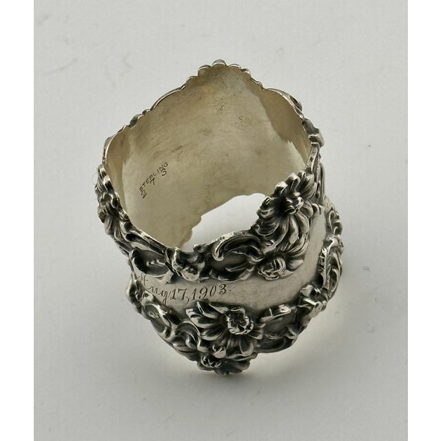 Outstanding Large Antique Fancy Art Nouveau Flower Design Sterling Silver Napkin Ring Dated 1903 For Sale - Image 10 of 18