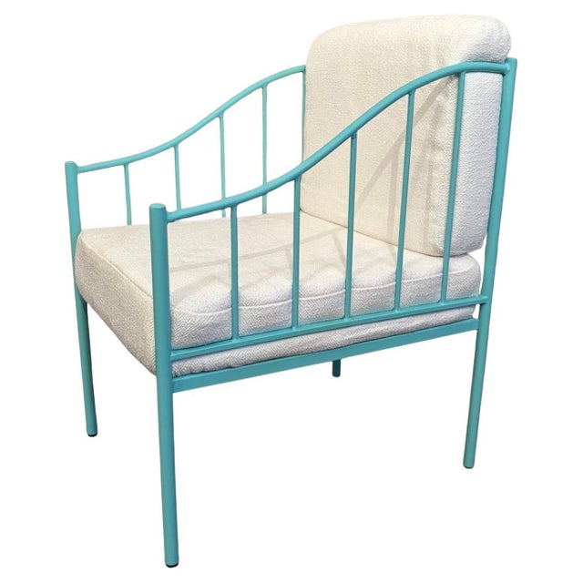 Wrought Iron Turquoise Lounge Chair with White Cream Fabric