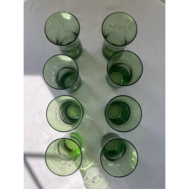 Mid 20th Century Vintage Etched Green Drinking Glasses- Set of 8 For Sale - Image 5 of 9