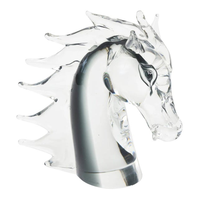 Vintage Italian Murano Signed Sommerso Glass Horse Head Sculpture Grays, Clear For Sale
