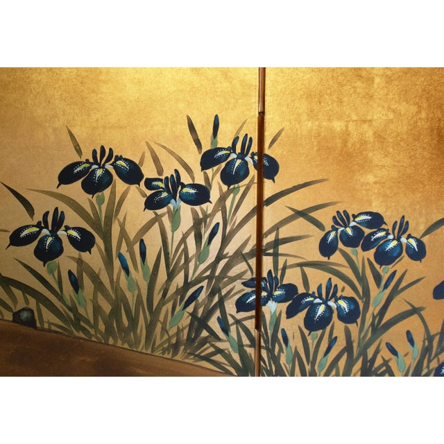 "Rinpa Iris Yatsuhashi" by Taizan, Heisei Era Japanese Painted Byobu Screen For Sale - Image 11 of 18