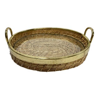 Vintage Gabriella Crespi Style Brass Rim Coiled Rattan Tray For Sale