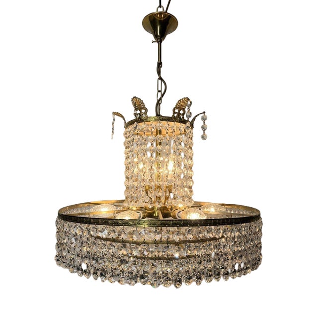 Vintage Crystal and Brass Cascading Chandelier, 1960s For Sale