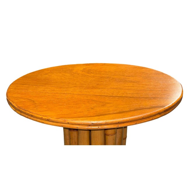 1950s Restored Rattan & Mahogany Round Pedestal Side Table For Sale - Image 5 of 5
