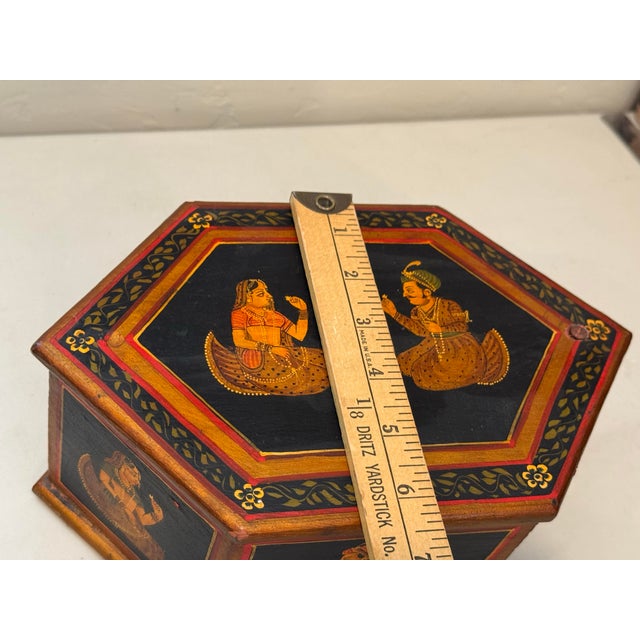 Wood Vintage Hexagonal Hand Painted Wooden Indian Box Hidden Compartments For Sale - Image 7 of 12