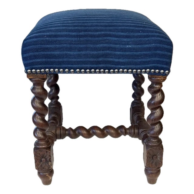 Antique Louis XIII French Baroque Stool W/Indigo Upholstery For Sale