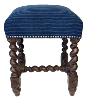 Antique Louis XIII French Baroque Stool W/Indigo Upholstery