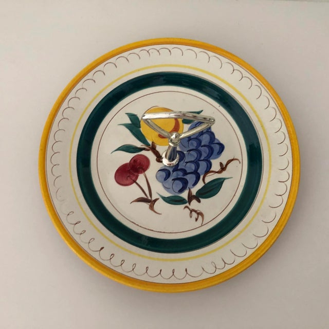 Vintage Midcentury Hand painted with fruit design , serving tray / plate with handle 10"D X 6"H , makers mark reads "...