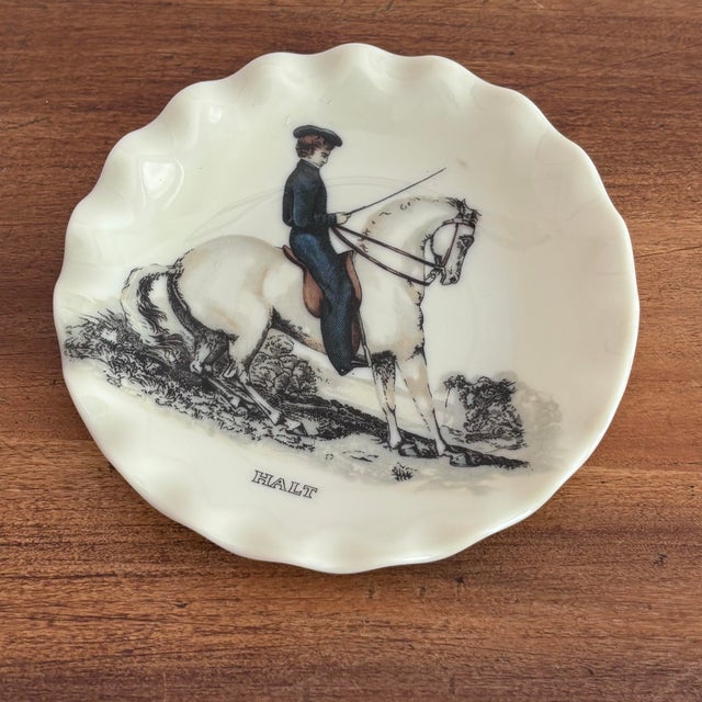 Round equestrian horse and rider trinket dish catchall with scalloped edges. Imagine using it atop a guest room nightstand...