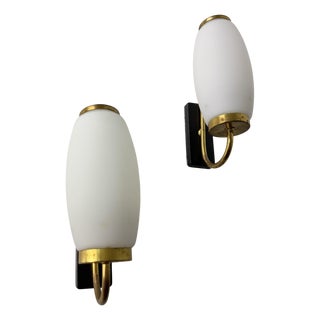 Vintage Opal Glass and Brass Wall Lamps, 1950s, Set of 2 For Sale