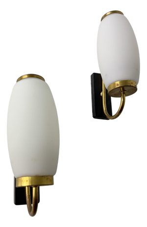 Vintage Opal Glass and Brass Wall Lamps, 1950s, Set of 2