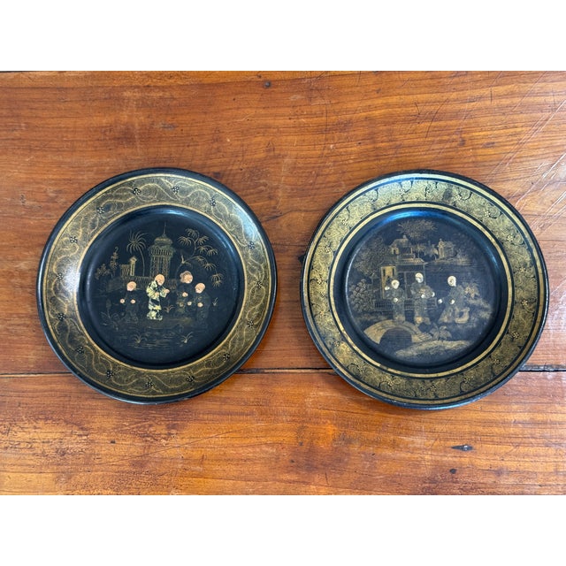 Paper Pair of Papier Mache Chinoiserie Wine Coasters For Sale - Image 7 of 7